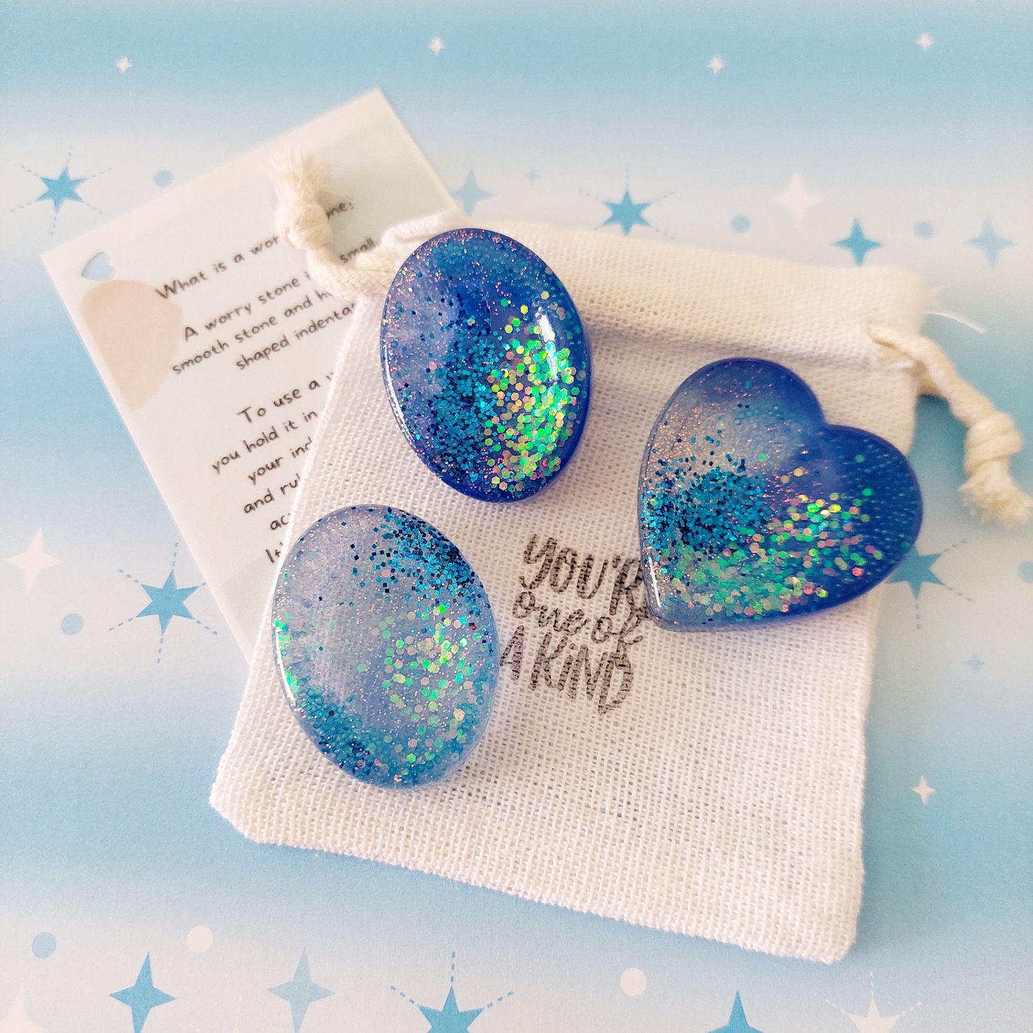 Worry Stones Blue Sprinkle, Resin Fidget Stones Set, Pocket Rock Hug, Sensory tools, Affirmation Tool, sensory Montessori toy