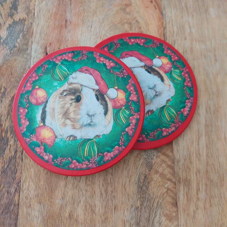 Christmas Guinea Pig Wooden Coasters, Set of two festive Table Ware with backing.