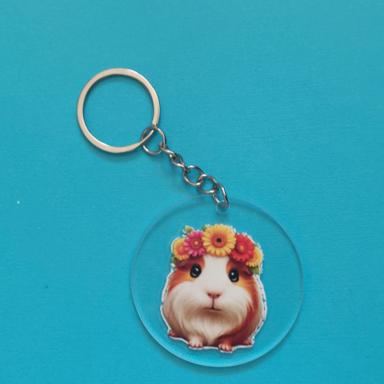 Cute Guinea Pig Acrylic Keyring with Flower Crown