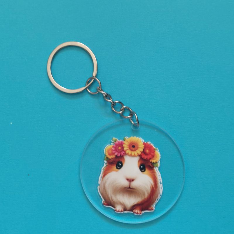 Cute Guinea Pig Acrylic Keyring with Flower Crown