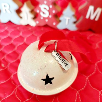 Believe Bell - Medium White Glitter, Metal Christmas ornament