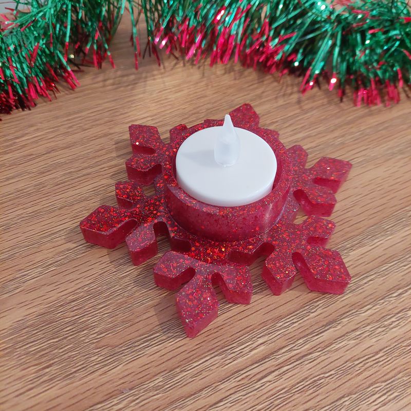 Snow Flake Tea Light Holder - Red Sparkle
