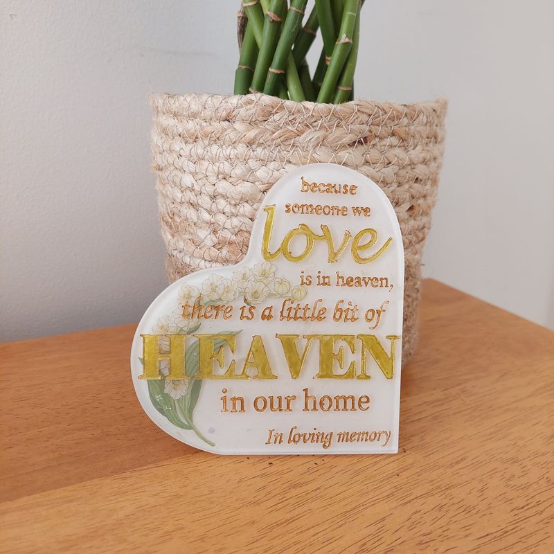 Heart Memorial Plaque - White &amp; Gold with stand