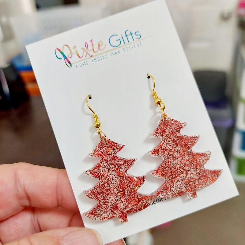 Christmas Tree Drop Earrings - Red