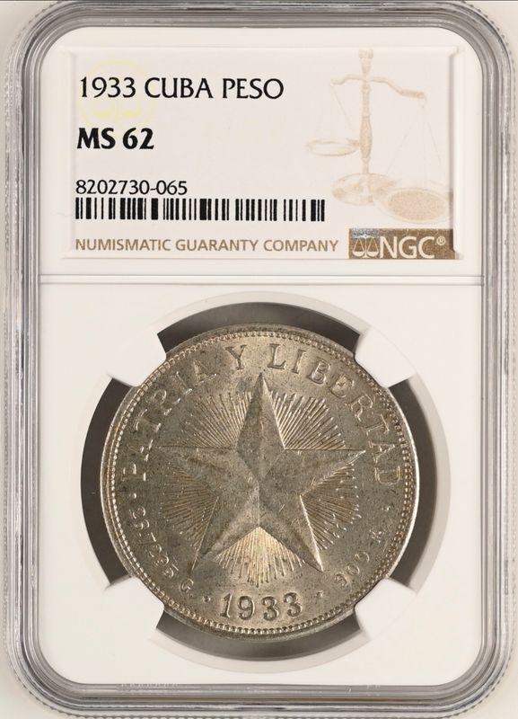 Cuba 1933 Star Peso NGC MS62