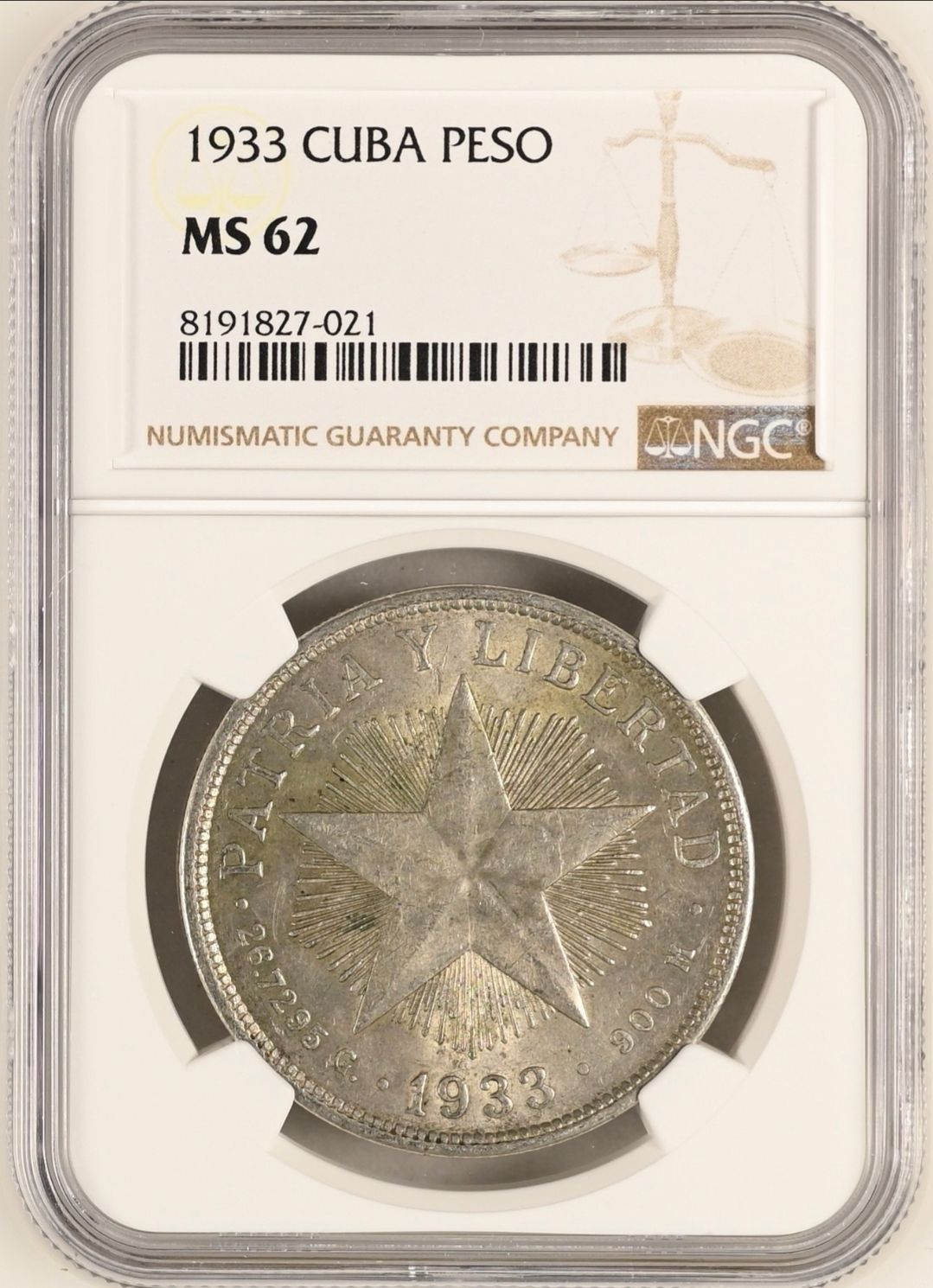 Cuba 1933 Star Peso NGC MS62