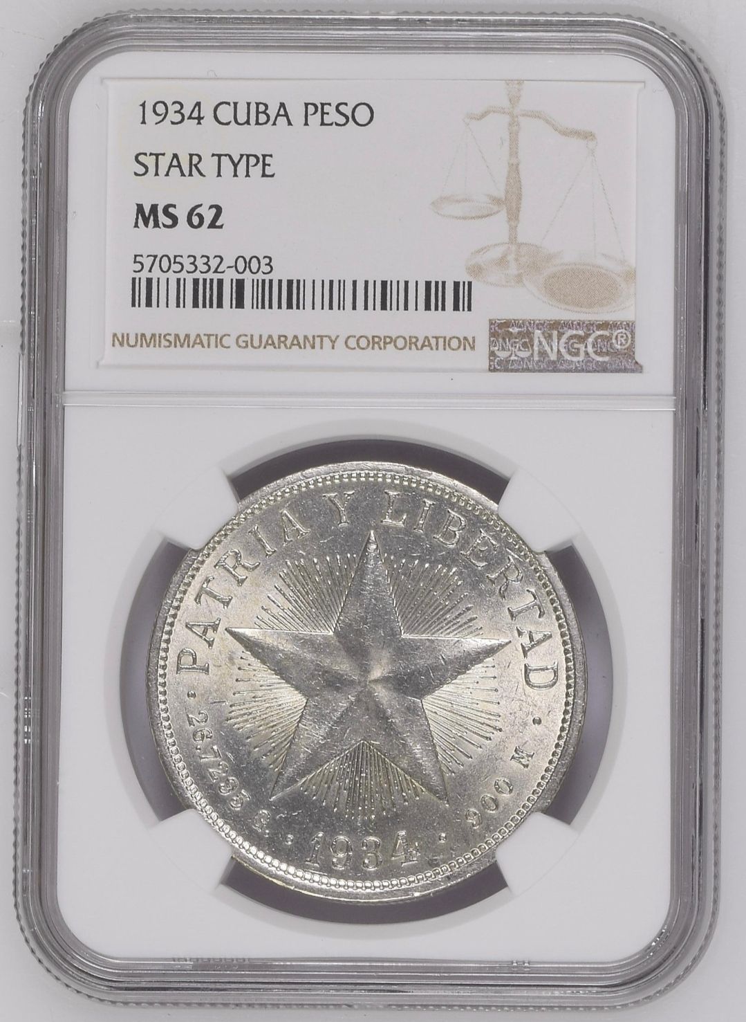 Cuba 1934 Star Peso NGC MS62