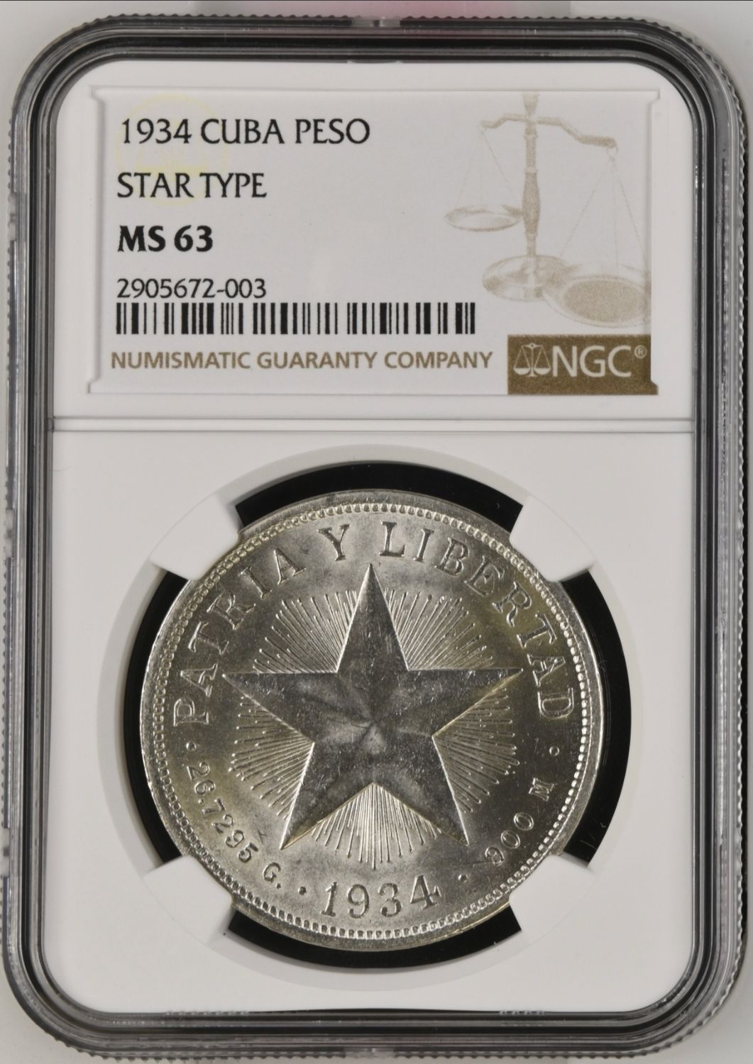 Cuba 1934 Star Peso NGC MS63 Cuba 1934 Star Peso NGC MS63