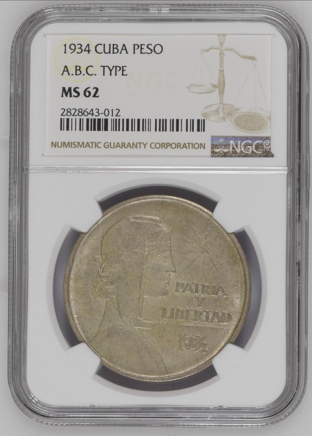 1934 Cuba ABC Type Peso NGC MS62