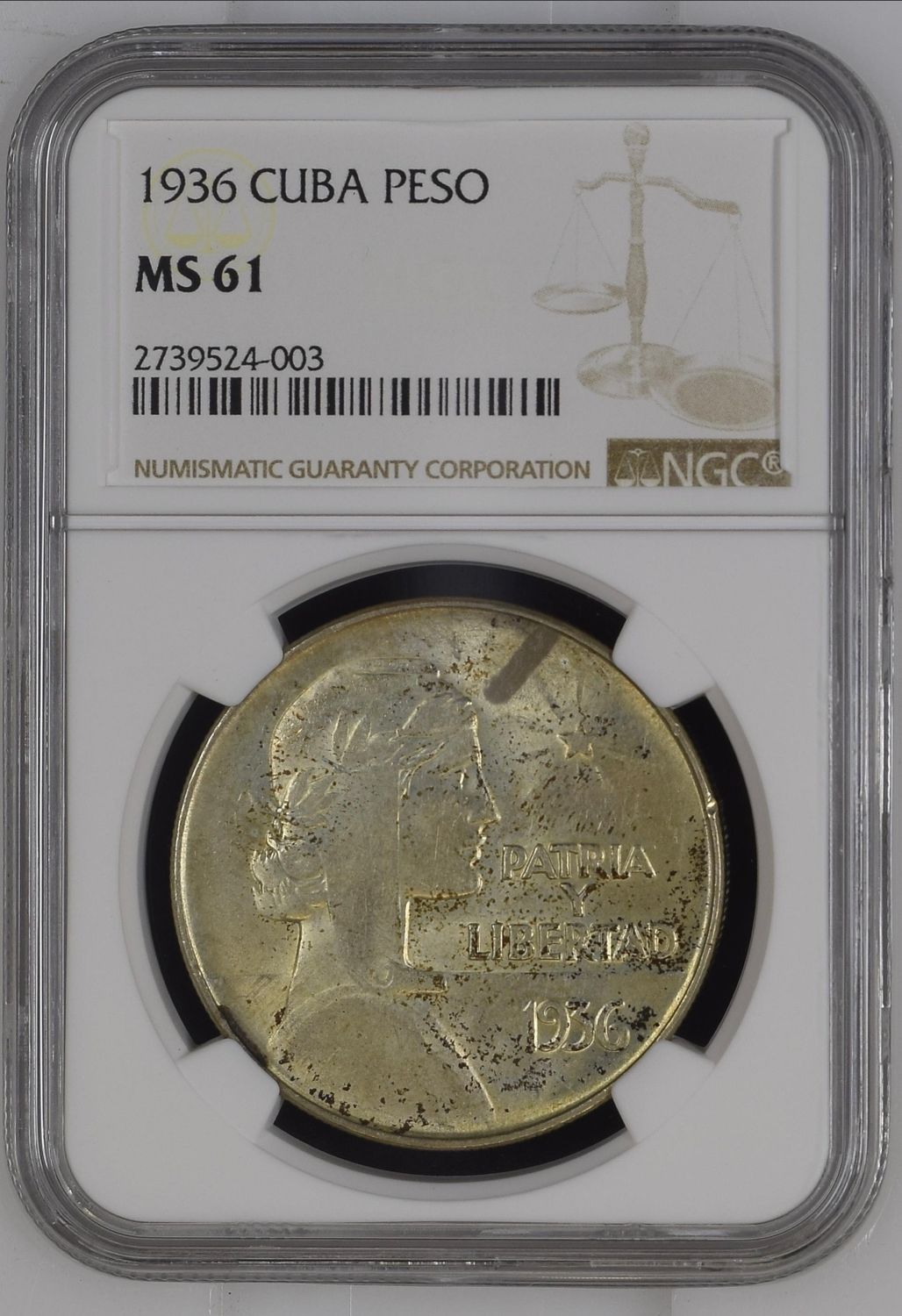 1936 Cuba ABC Type Peso NGC MS61
