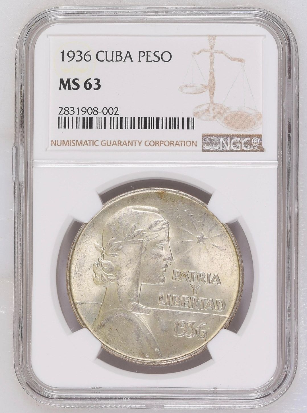 1936 Cuba ABC Type Peso NGC MS63
