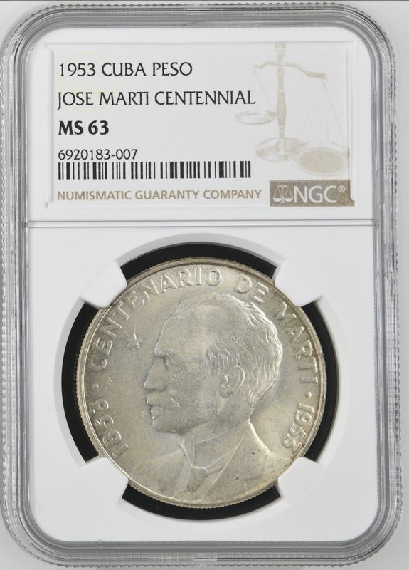 1953 Cuba Jose Marti Centennial Peso NGC MS63 