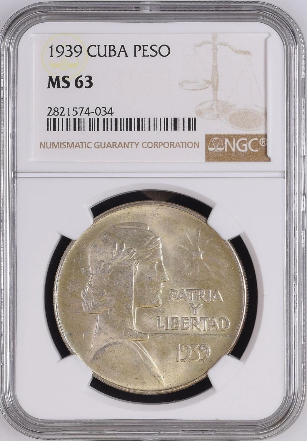 1939 Cuba ABC Type Peso NGC MS63 