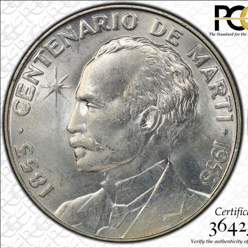 1953 Cuba Jose Marti Centennial Peso PCGS MS64