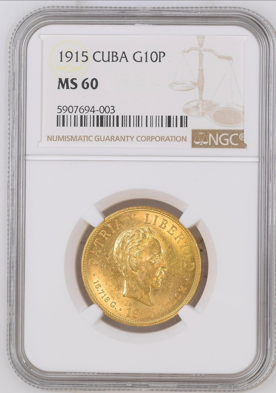 1915 Cuba Gold 10 pesos Marti G10P NGC MS60 1915 Cuba Gold 10 pesos Marti G10P NGC MS60