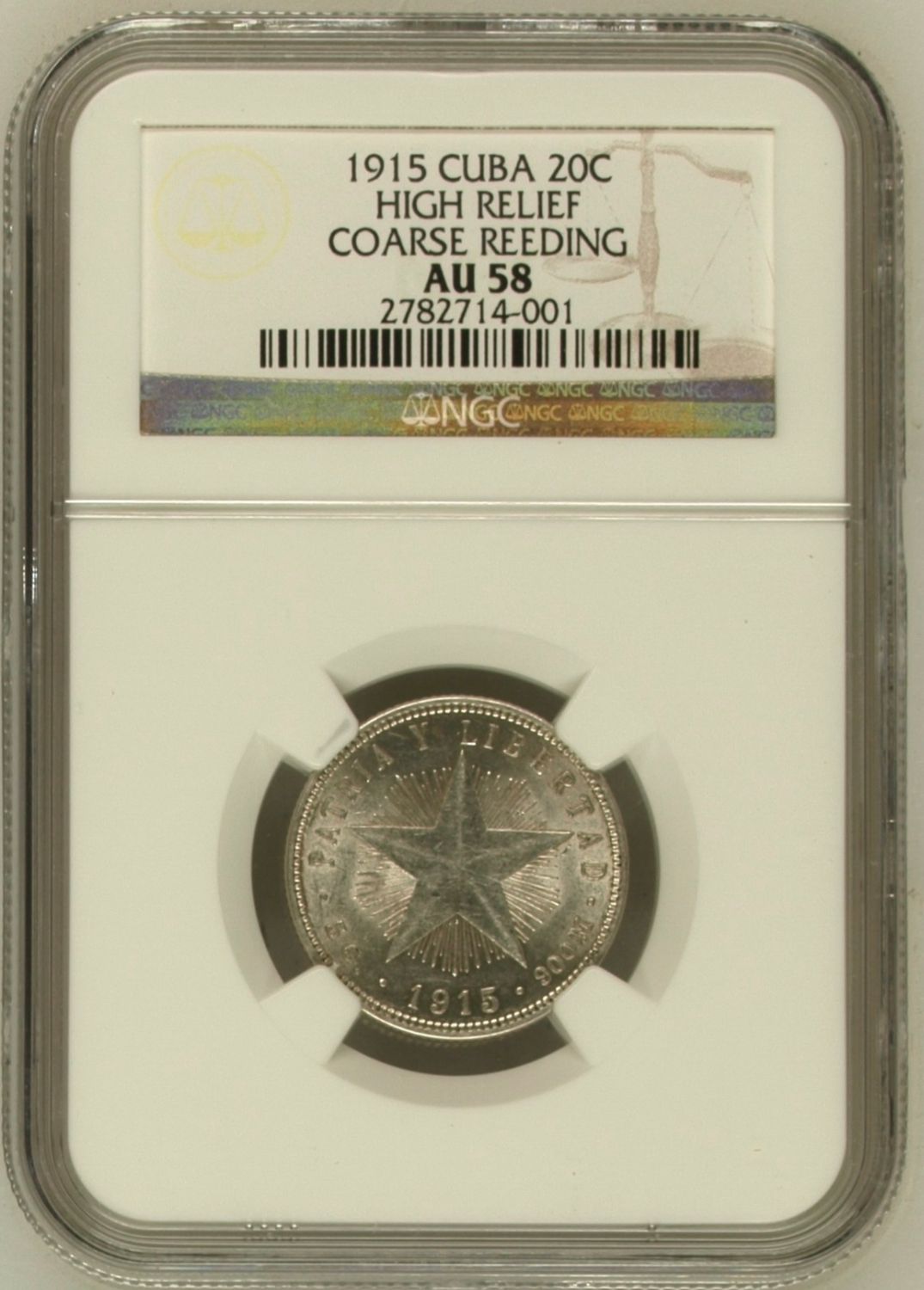 1915 Cuba High Relief & Coarse Reeding  20 Centavos NGC AU58