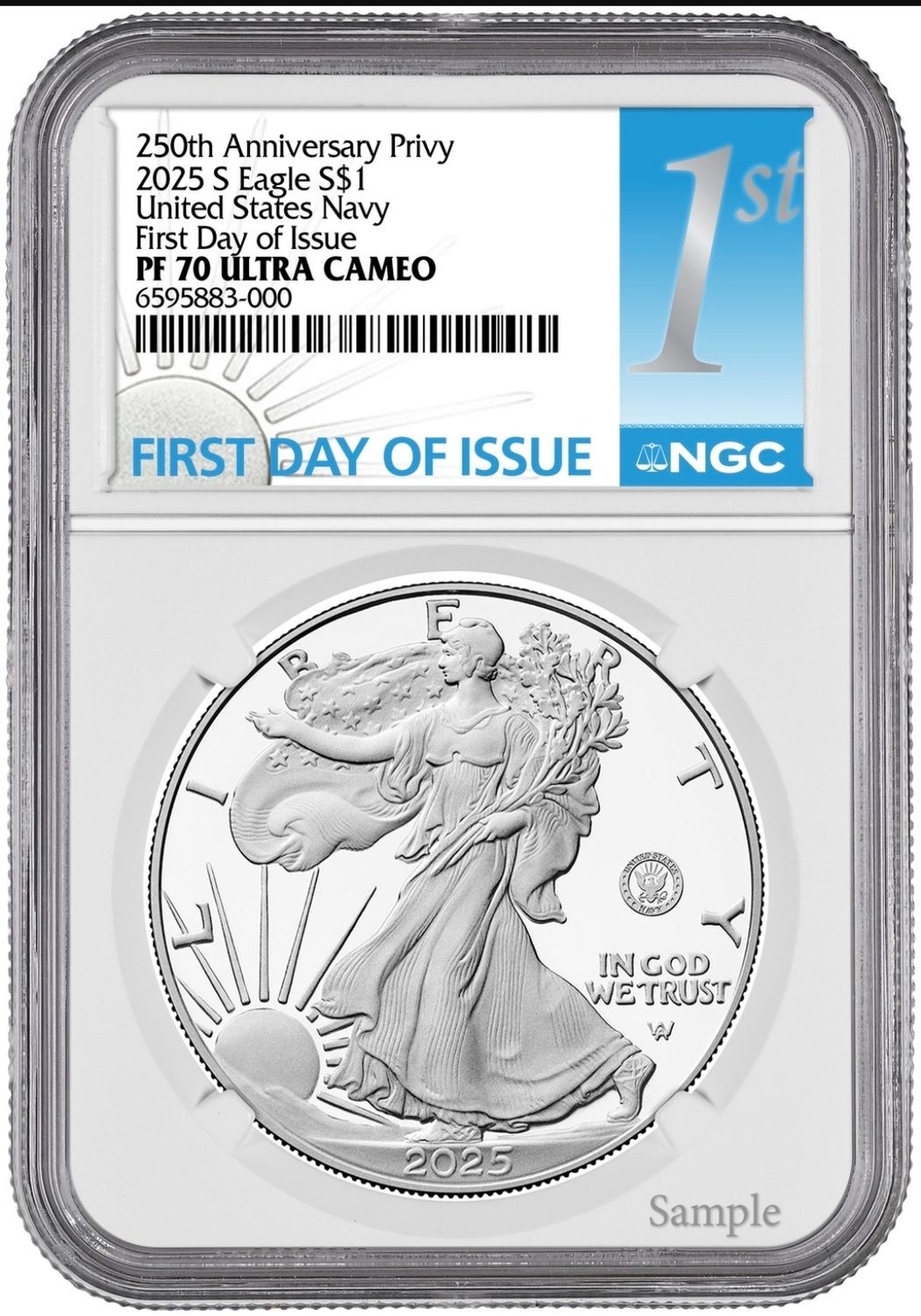 2025-S Proof $1 250th NAVY US  Privy Silver Eagle NGC PF70 UC FIRST DAY