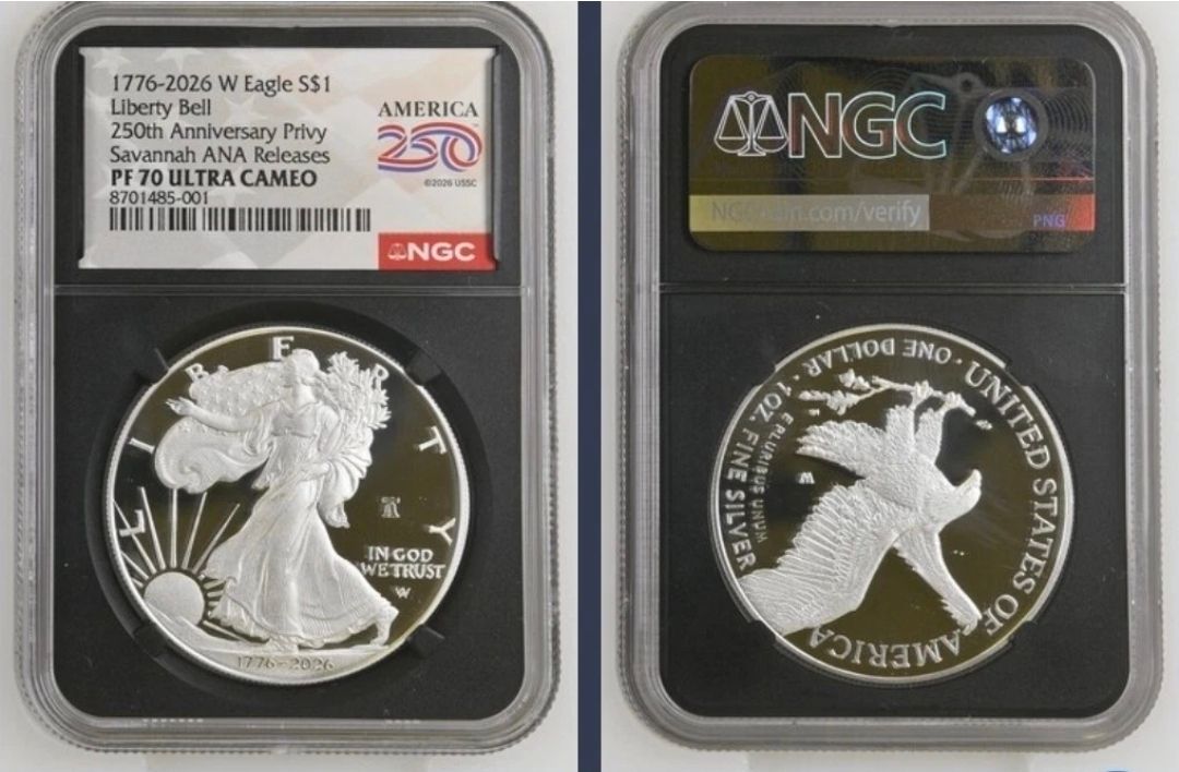 1776 - 2026 W $1 1 oz 250th Anniversary Liberty Bell Privy Proof Silver Eagle NGC PF70 Ultra Cameo First Day Issue 1776 - 2026 W $1 1 oz 250th Anniversary Liberty Bell Privy Proof Silver Eagle NGC PF70 Ultra Cameo First Day Issue