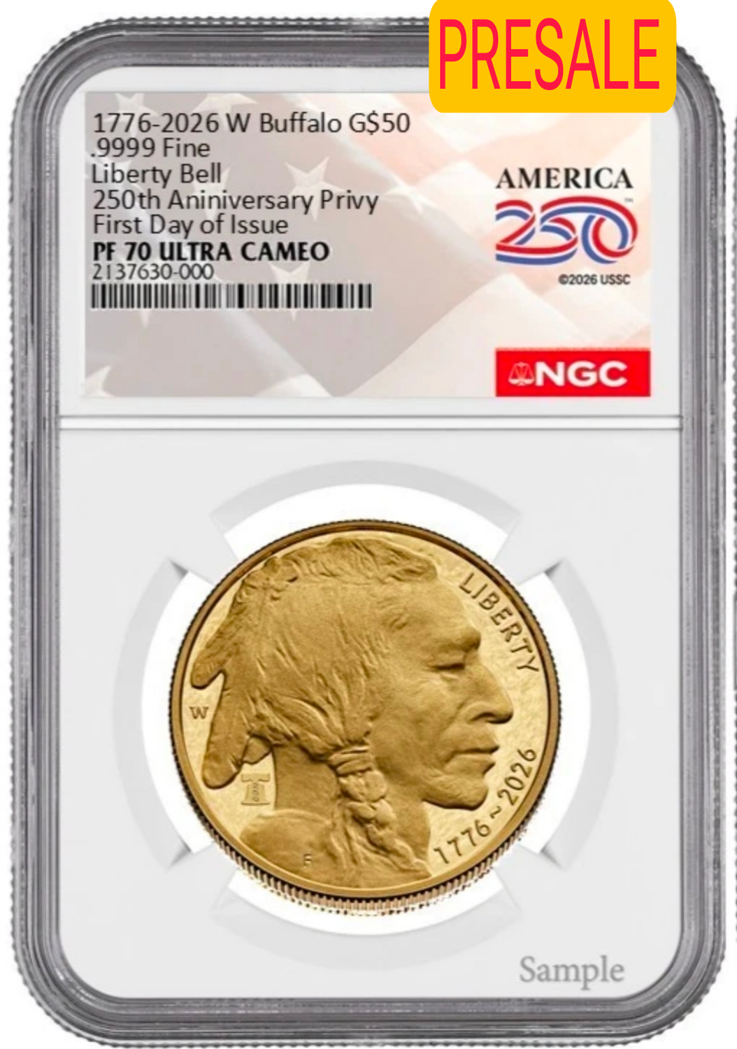 2026 W Gold .9999 Buffalo Bell Privy G$50 NGC PF70 UC First Day Issue FDI #2830