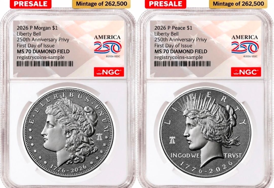 1776 2026 P Morgan & Peace Silver dollars NGC MS70 Diamond finish 2- coin set