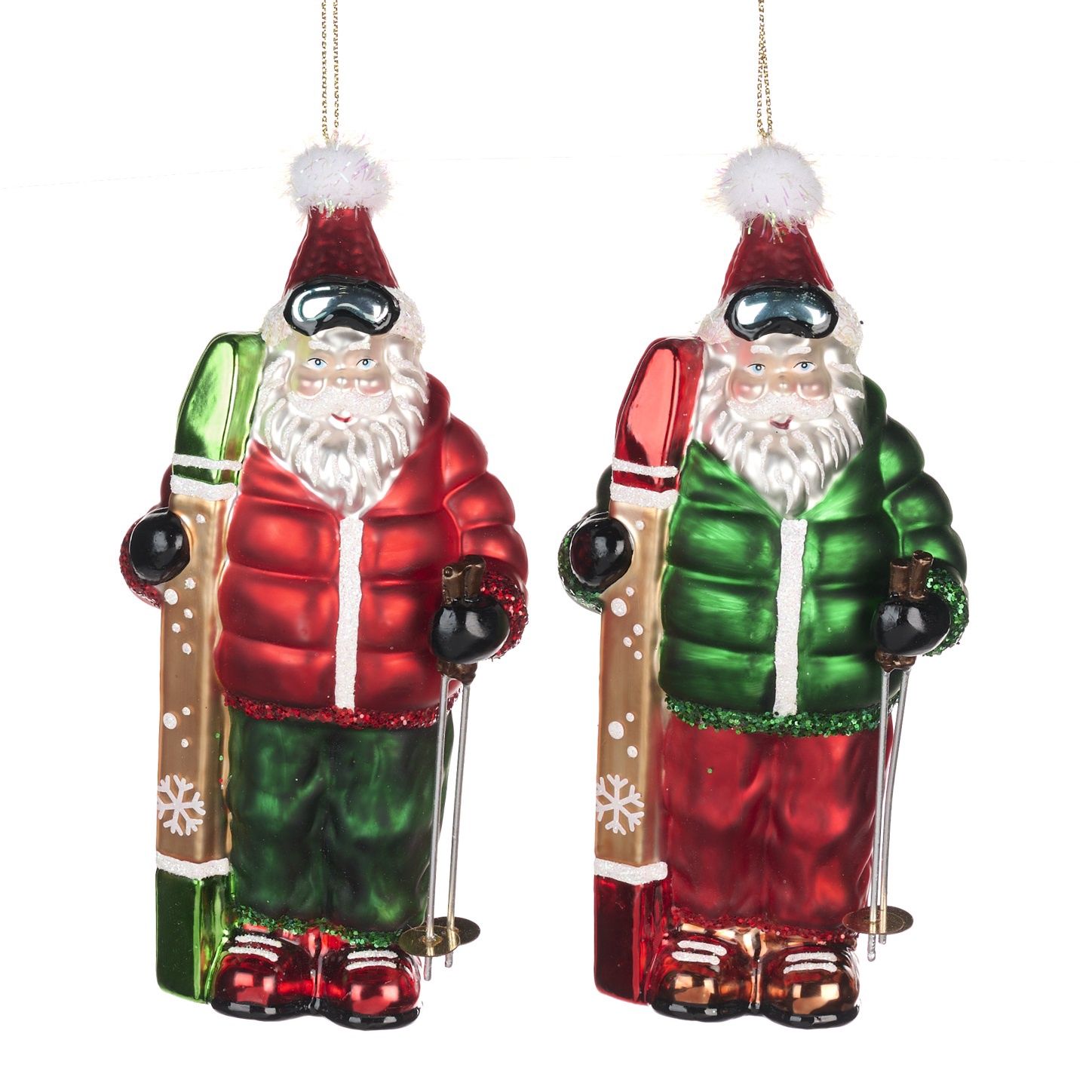 GLASS SANTA W/SKIS ORN 15CM