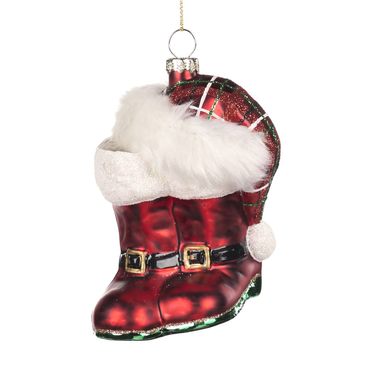 GLASS FURRY SANTA BOOTS/HAT ORN 12CM