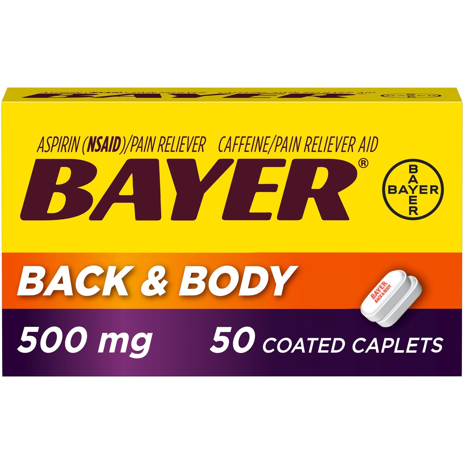 Bayer Back & Body Extra Strength Pain Reliever Aspirin W Caffeine  500mg Coated Tablets  50ct