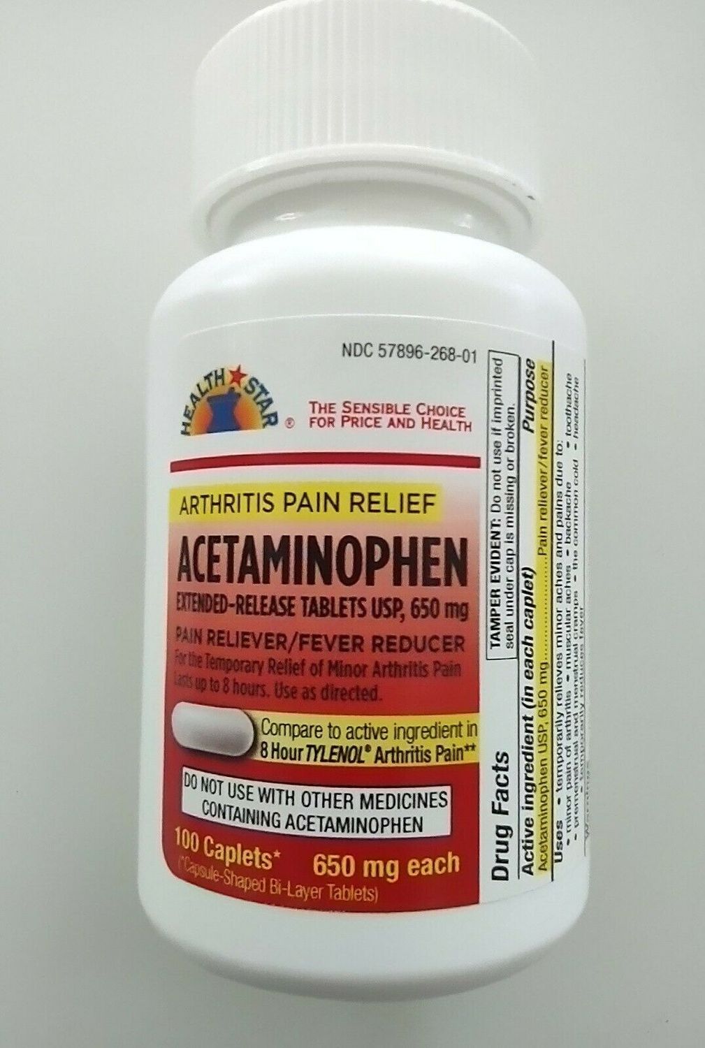 HEALTH STAR Acetaminophen Extended Release 100 Caplets 650 Mg. Arthritis Pain