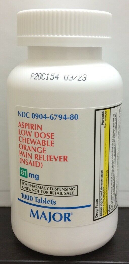 Major Aspirin Low Dose 81mg 1000 Chewable Tablets Orange Flavor