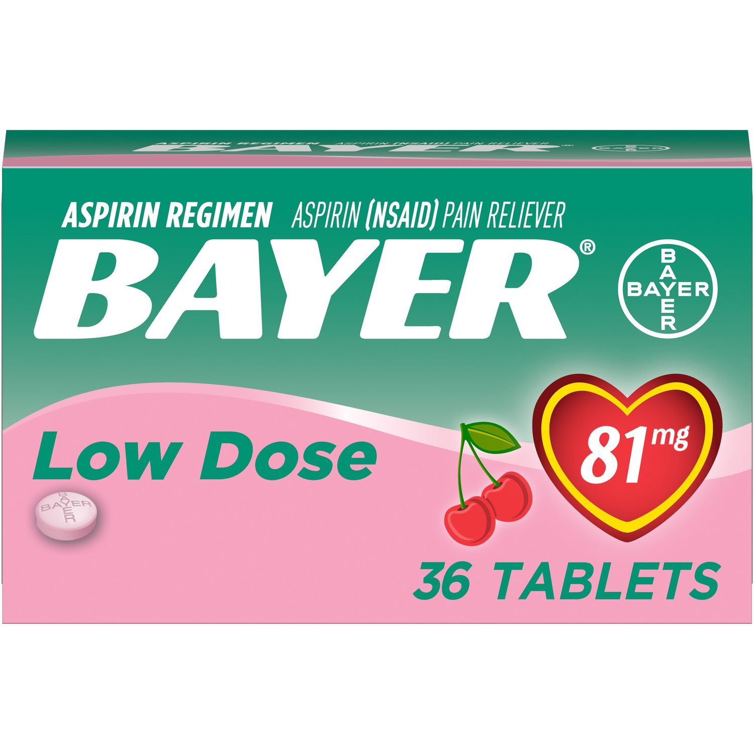 Bayer Chewable Aspirin Regimen Low Dose Pain Reliever Tablets  81mg  Cherry  36 Ct