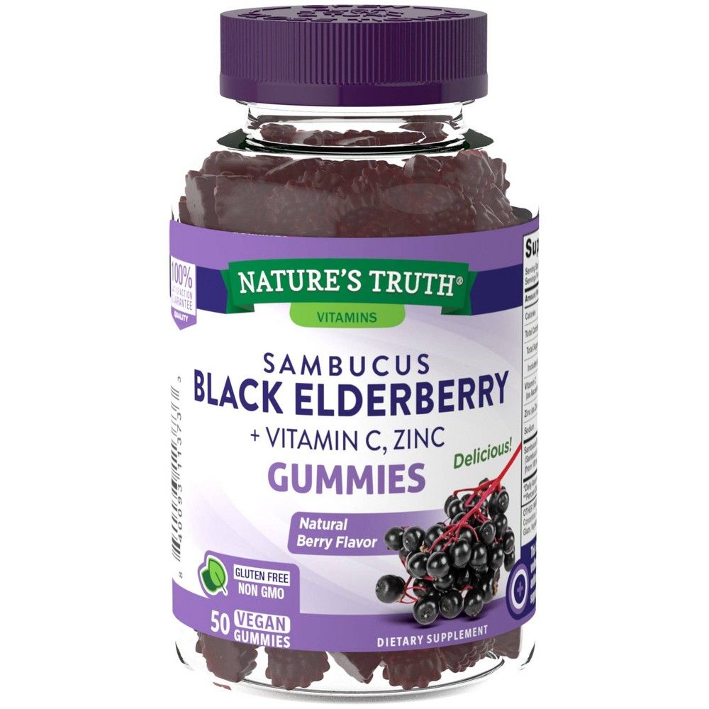 Sambucus Black Elderberry Gummies | 50 Count | with Vitamin C and Zinc | Natural Berry Flavor | Vegan  Non-GMO  Gluten Free | Extract Gummies for Adul
