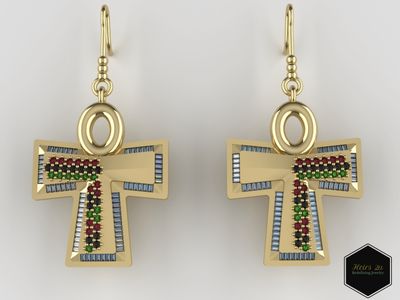 Ankh dangle earrings with Rubies, Back Diamonds, Tsavorites, and Diamonds