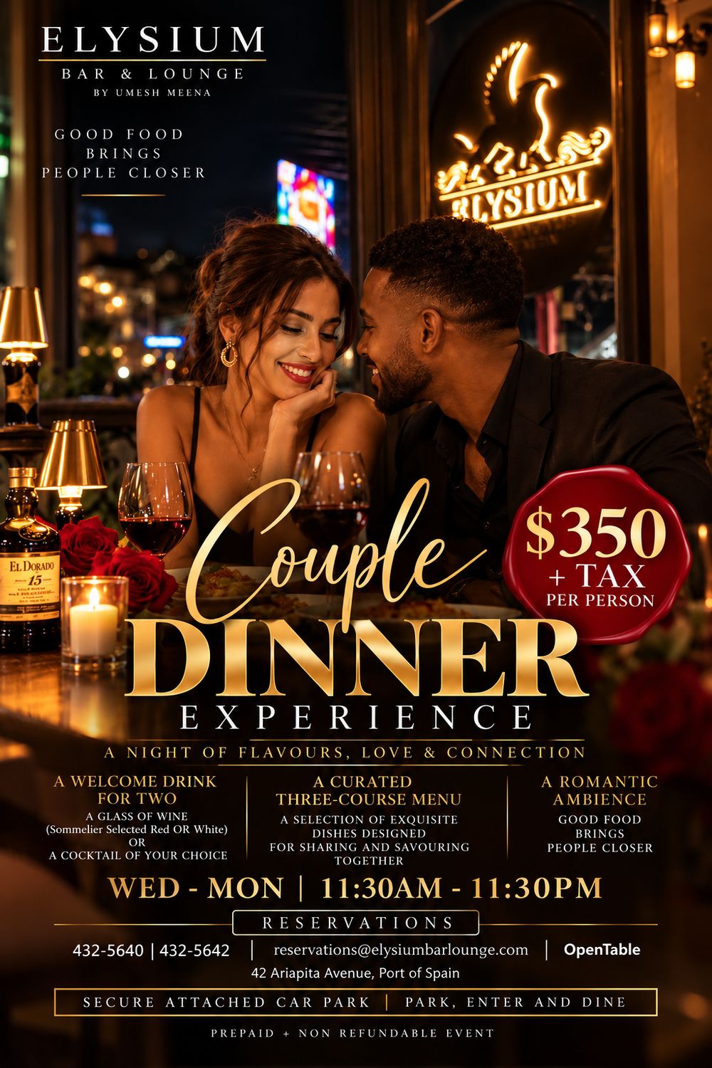 COUPLES DINNER EXPERIENCE - WEDNESDAY  TO MONDAY 11:30AM TO 11:30PM