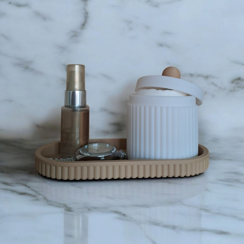 Aufbewahrungsbehälter mit Deckel + Tablett – Skandi Stil, geriffelt, lattebraun &amp; weiß – 3D-gedruckt