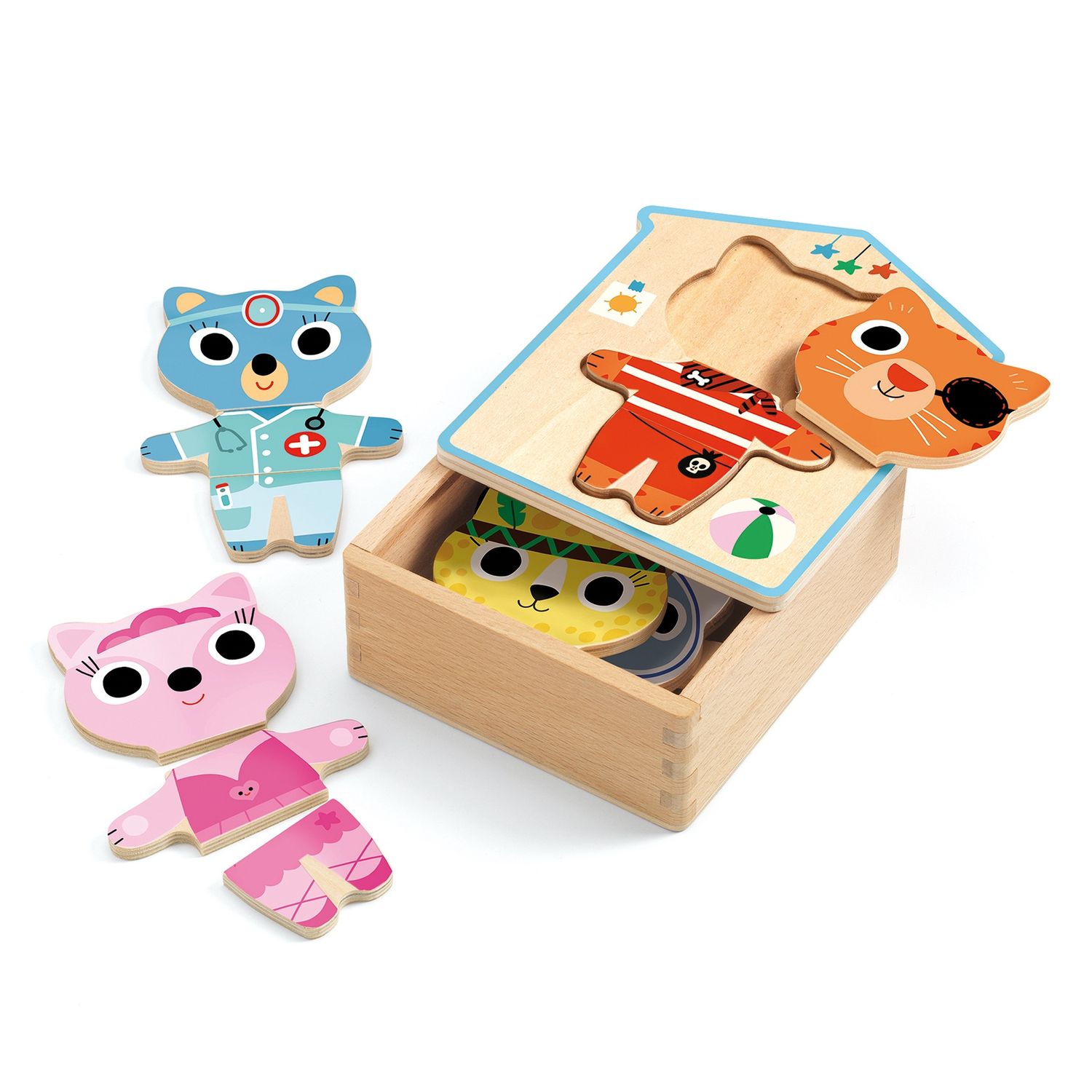 Djeco houten puzzel Dressup diertjes