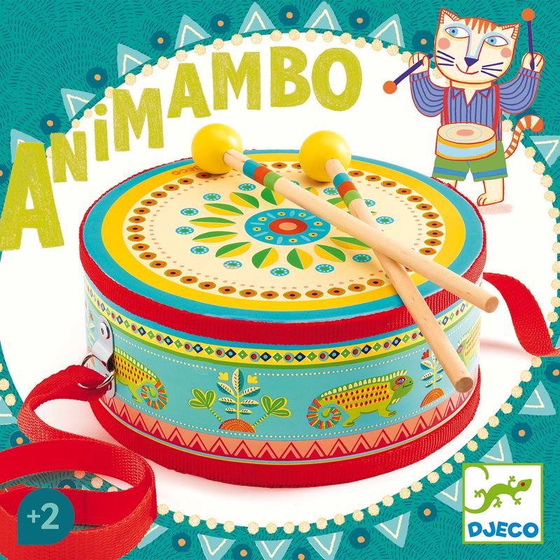 "Muziekinstrument in de blauwe Animambo serie verpakking met verstelbare draagband en houten stokjes"
