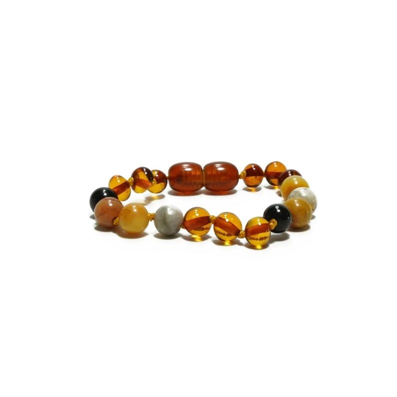 Mahina La Happy Amber baby armband – barnsteen armband met agaat &amp; obsidiaan