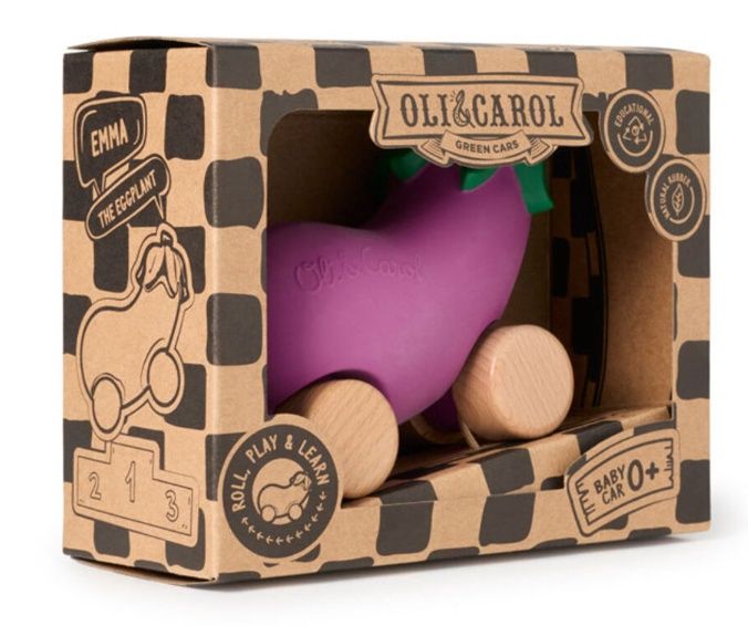Oli &amp; Carol Emma the Eggplant Baby Car – natuurlijk rubber &amp; FSC-hout babyspeelgoed