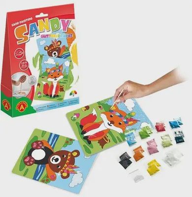 Alexander Toys knutselset Vos &amp; Beer – Glitter speelvormen foto van verpakking met inhoud er naast.
