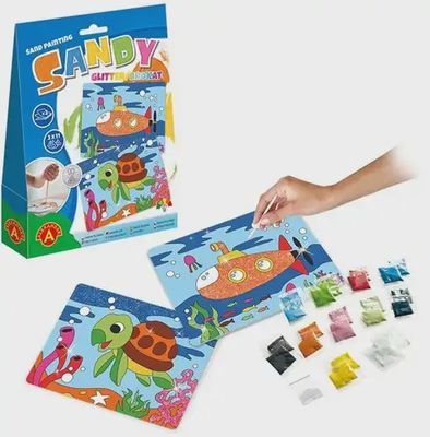 Alexander Toys Sandy Glitter knutselset – Submarine &amp; Schildpad verpakking maar ook de inhoud er bij op de foto.
