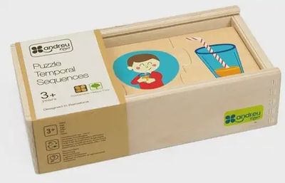 Andreu Toys educatieve puzzel tijdsvolgorde in de verpakking een mooi houten doosje.