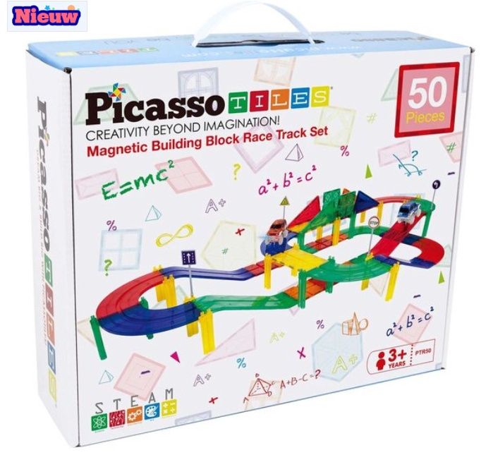 PicassoTiles Magnetische Tegels Racebaan met LED-auto&#39;s 50 stuks