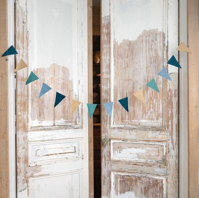 Sjaal met Verhaal Viltslinger Vlaggetjes Zand Aquablauw Zeegroen 