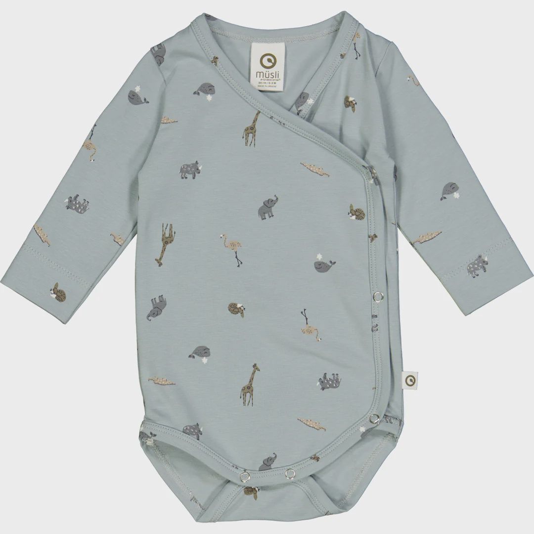 Müsli romper Mini Me Sleepy – Jasmin Blue lange mouw biologisch katoen met dierenprint