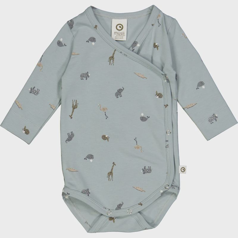 Müsli romper Mini Me Sleepy – Jasmin Blue lange mouw biologisch katoen met dierenprint