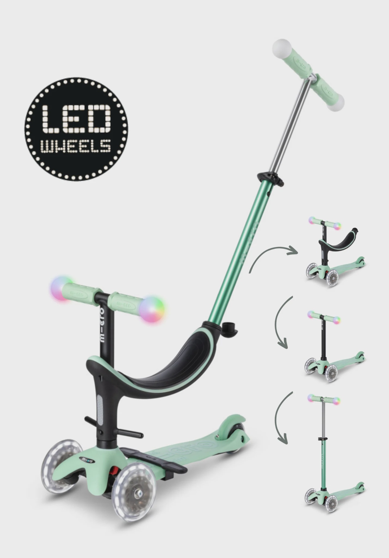 Micro Step Mini 2 Grow kinderstep - Mint Magic LED met duwstang