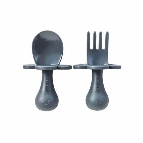 Grabease vork en lepel set – ergonomisch baby bestek met veiligheidsrand, Kleur: Grey