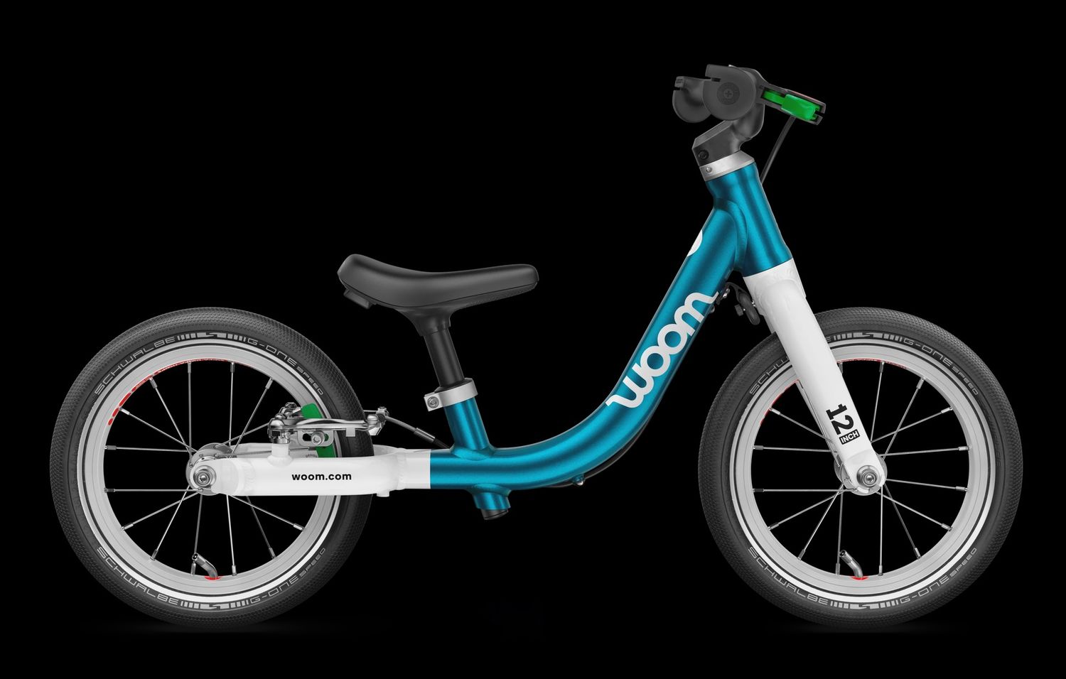 Loopfiets Woom GO 1 – Metallic Turquoise – Lichtgewicht &amp; verstelbaar