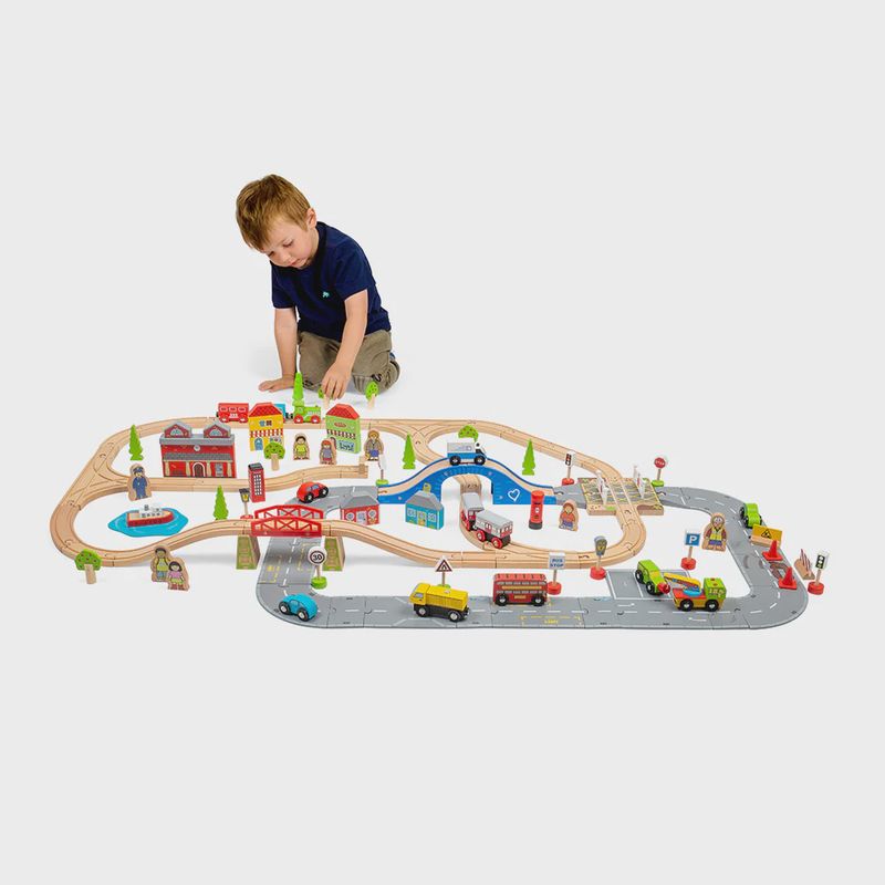 Bigjigs houten treinbaan en autobaan – 105-delig – combinatieset