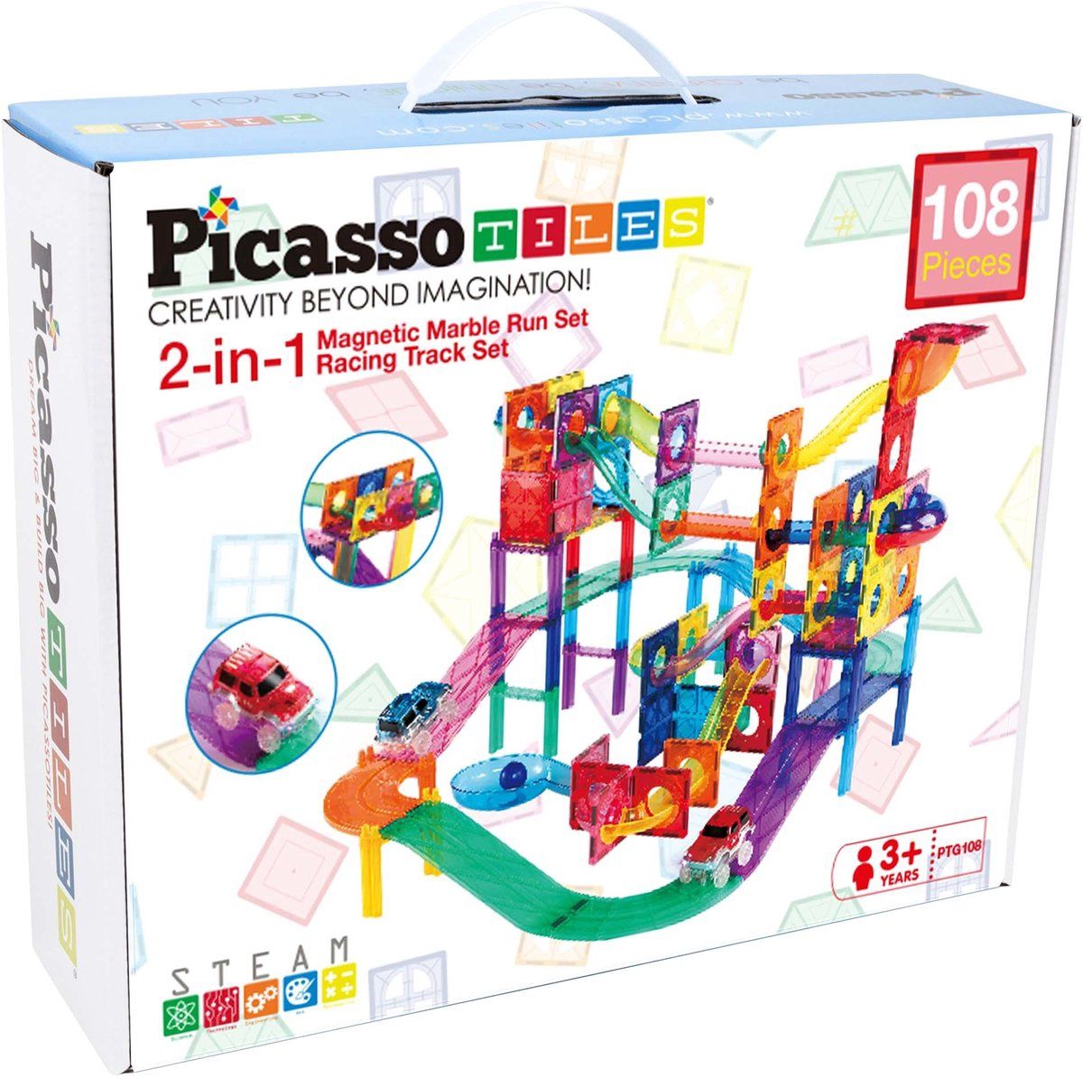 Picasso Tiles 2-in-1 Marble Run &amp; Race Track Set – 108-delig